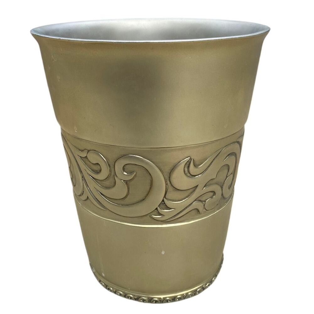Pewter Wastebasket Gold Tone MCM Hollywood Regency Scroll HEAVY